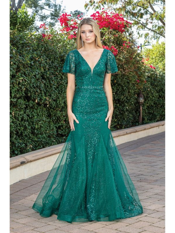 V-Neck Flutter Sleeve Embellished Mermaid Prom Dress with Sheer Tulle Skirt