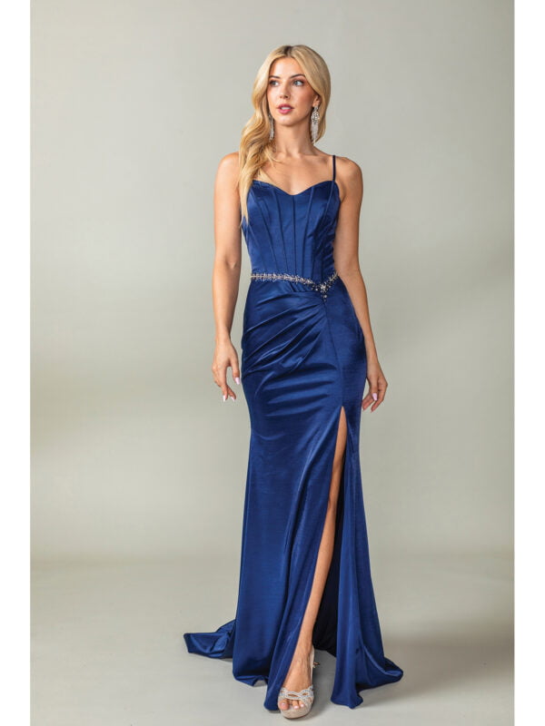 Sleeveless Corset Sheath Prom Dress with Beaded Waist and Slit