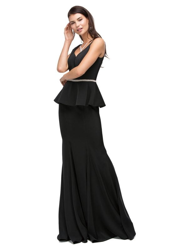 Sleeveless V-Neck Black Peplum Trumpet Dress with Beaded Waistline