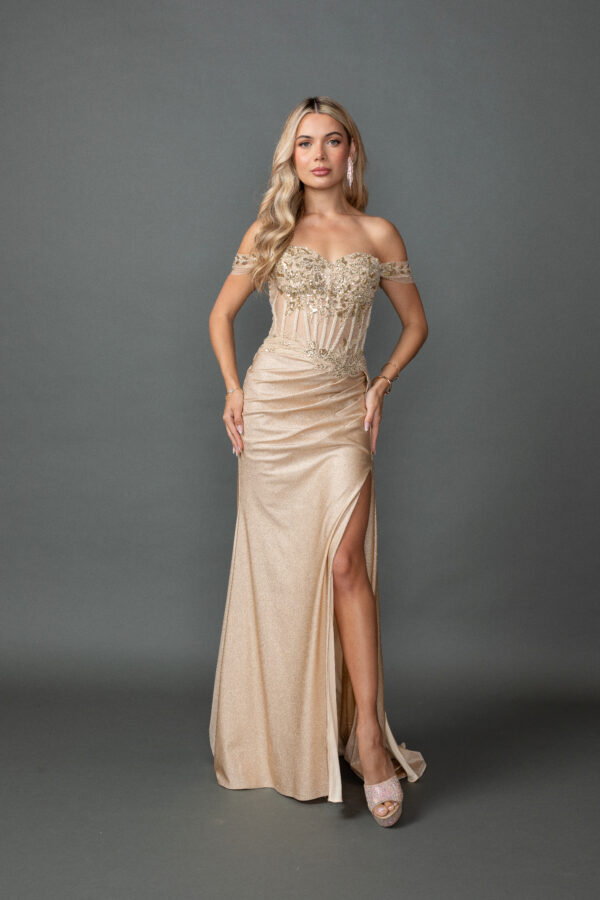 Off-the-Shoulder Beaded Applique Corset Prom Dress with Draped Slit Skirt