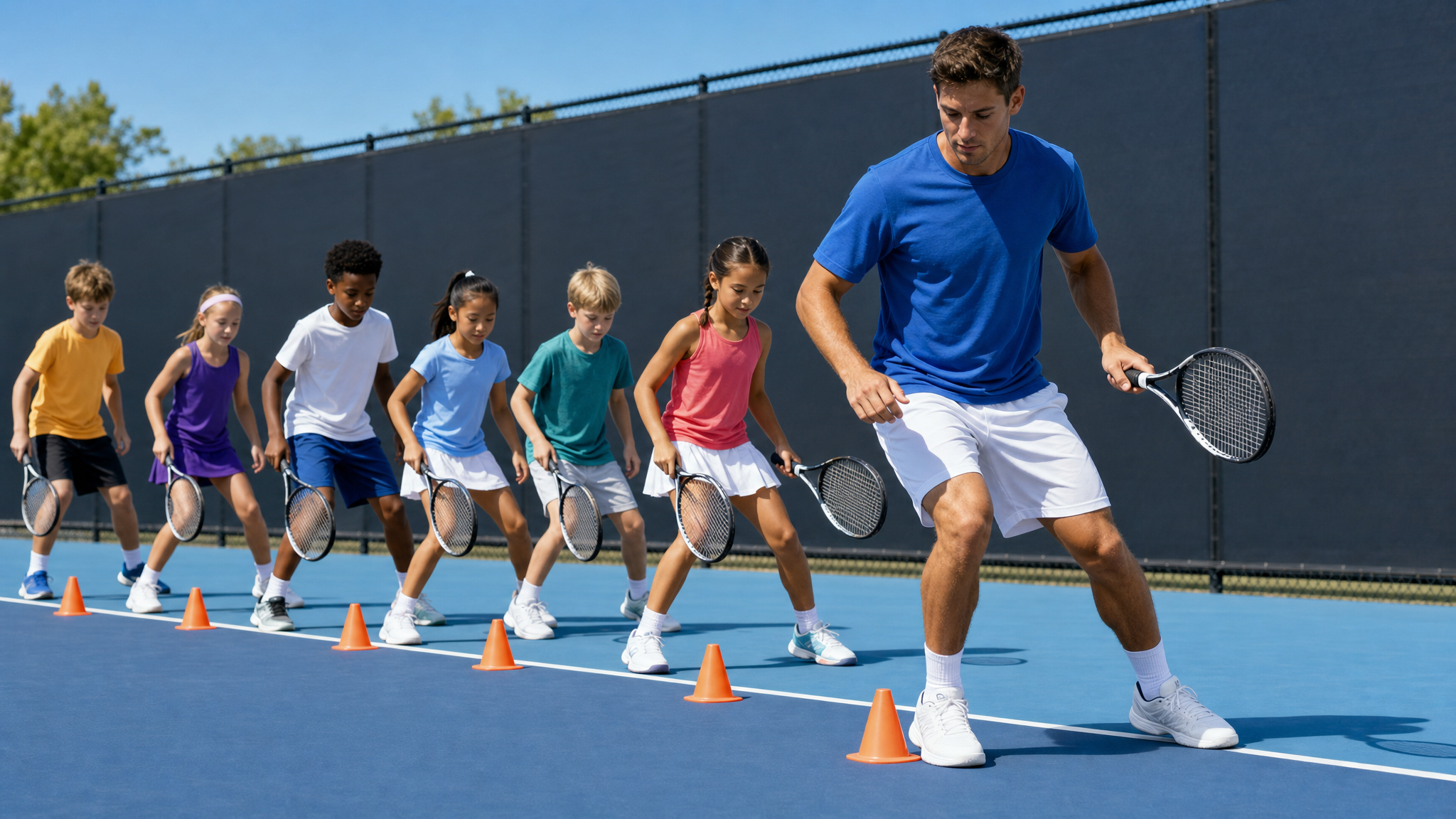 Kids doing a footwork drill with cones on the tennis court