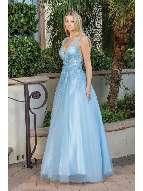 Sleeveless V-Neck A-Line Prom Dress with Floral Appliques and Flowing Skirt