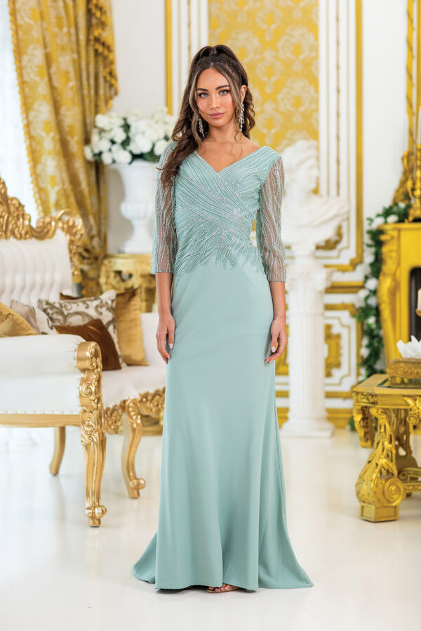 V-Neck Three-Quarter Sleeve Beaded Bodice Sheath Prom Dress with Plain Skirt