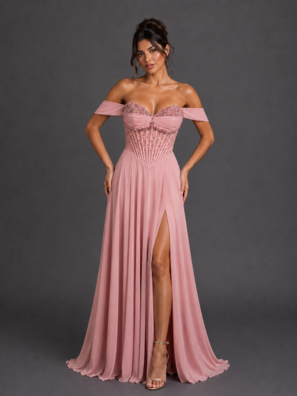 Off-the-Shoulder Sweetheart Beaded Corset A-Line Prom Dress with Slit Skirt