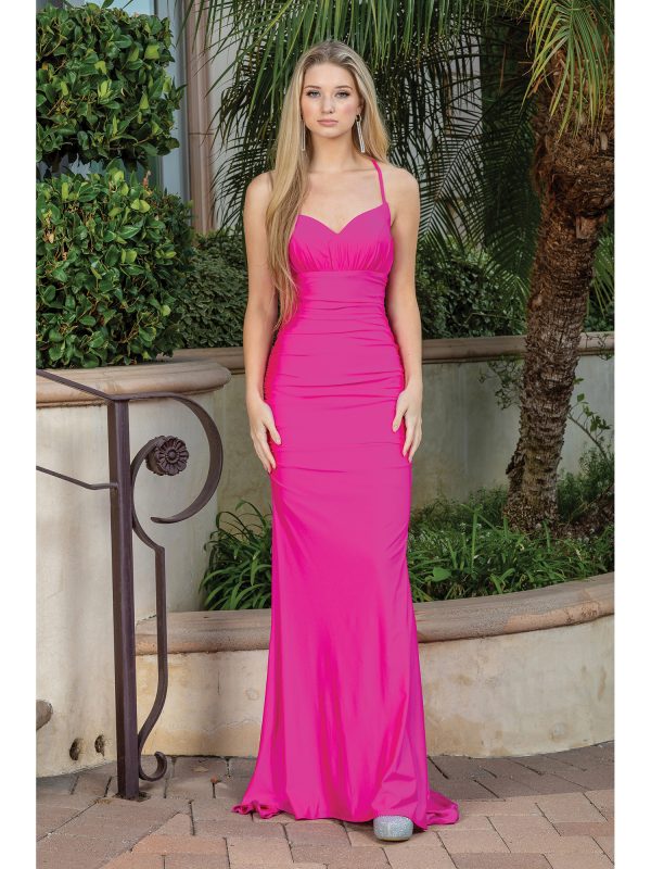 Sleeveless V-Neck Ruched Sheath Prom Dress with Flared Sweep Train