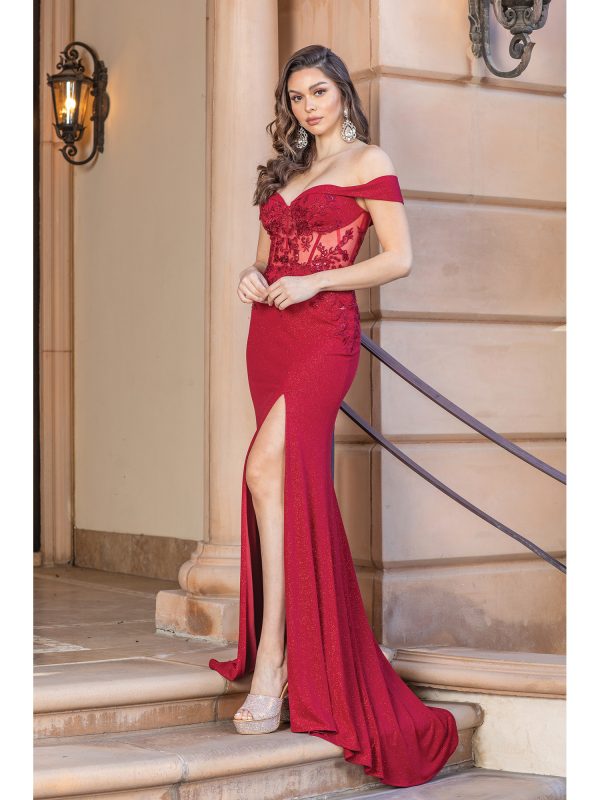 Off-the-Shoulder Sweetheart Lace Bodice Sheath Prom Dress with Slit Skirt