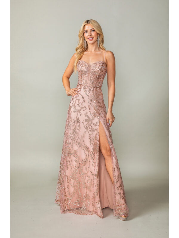 Spaghetti Strap Sweetheart Sequin Lace A-Line Prom Dress with Slit