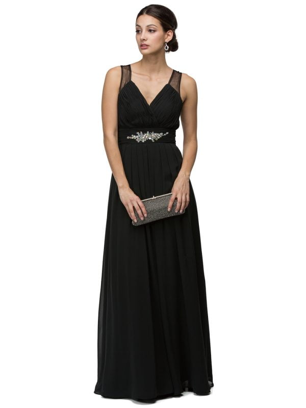 Sleeveless V-Neck Ruched Bodice A-Line Dress with Beaded Waist Embellishment