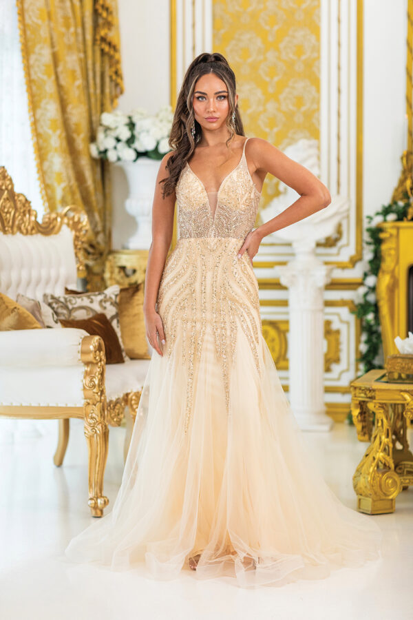 Champagne Sleeveless V-Neck Beaded Mermaid Prom Dress with Flared Skirt
