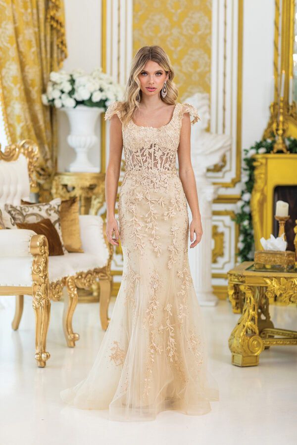 Champagne Cap Sleeve Floral Lace Trumpet Prom Dress with Sheer Corset