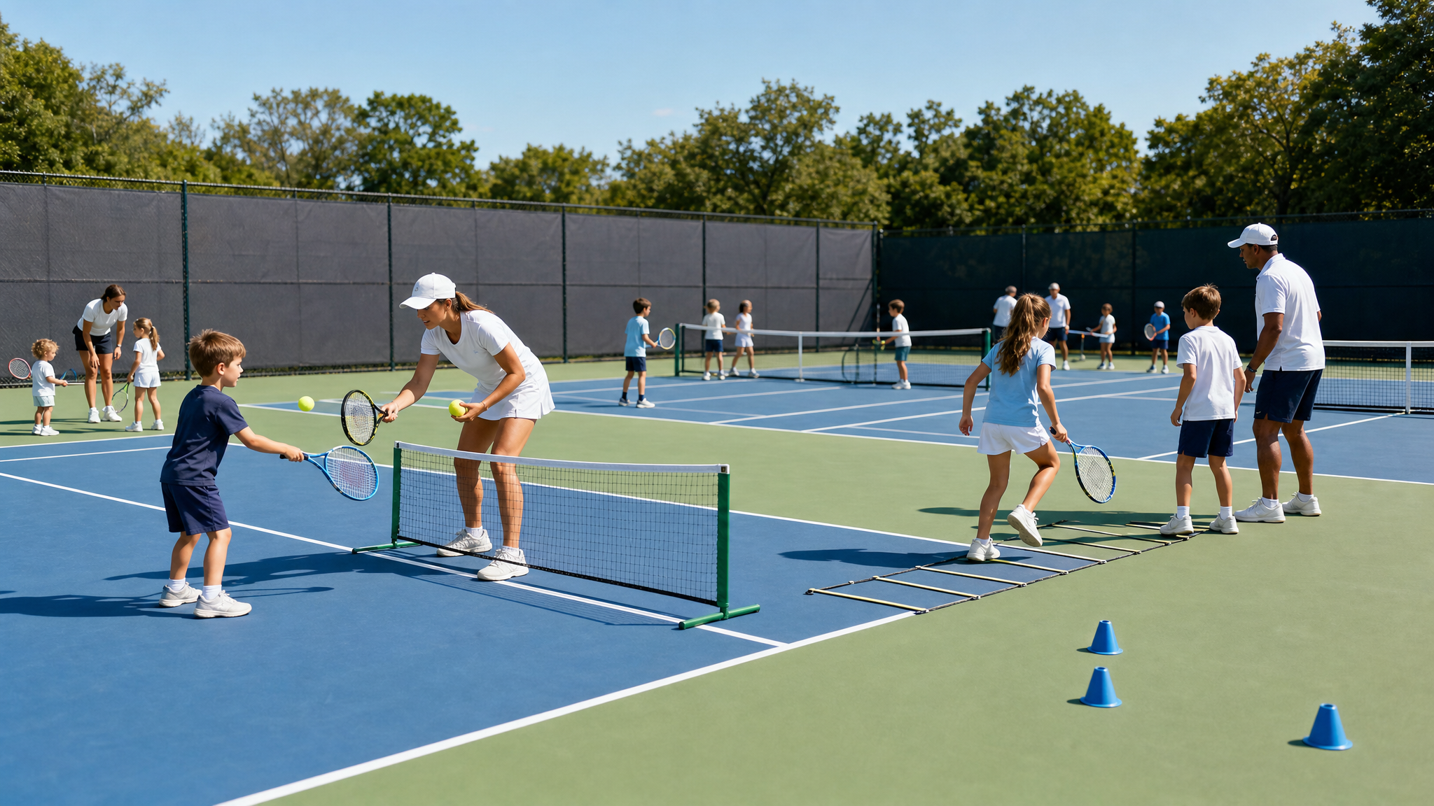 Several groups of kids of different ages practicing different tennis skills across adjoining courts