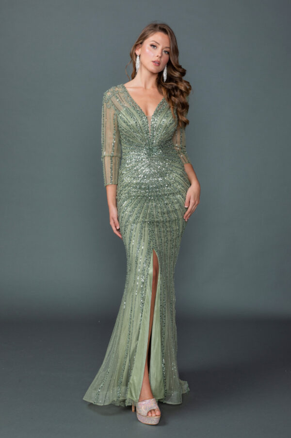3/4 Sleeve V-Neck Sequin Sheath Prom Dress with Front Slit