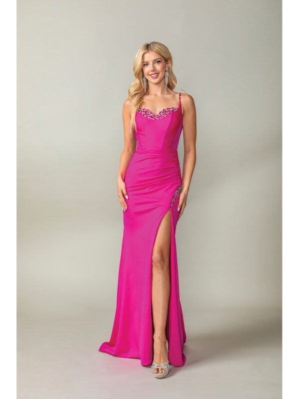 Spaghetti Strap Sweetheart Ruched Sheath Prom Dress with Beaded Slit