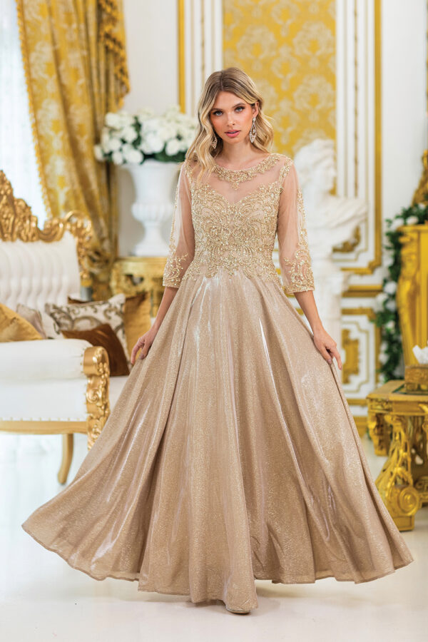 Illusion Neckline Three-Quarter Sleeve Beaded Lace A-Line Dress with Full Skirt