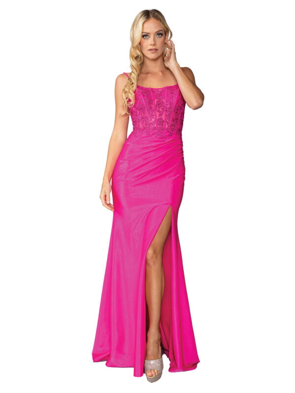 Sleeveless Beaded Corset Sheath Prom Dress with Draped Slit Skirt