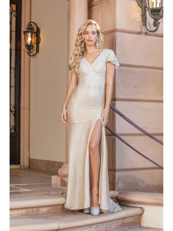 Flutter Sleeve V-Neck Lace Appliqué Sheath Prom Dress with High Slit