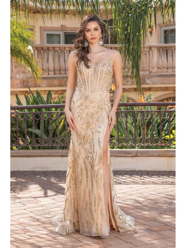 Sleeveless Sheer Corset Sequin Sheath Prom Dress with High Leg Slit