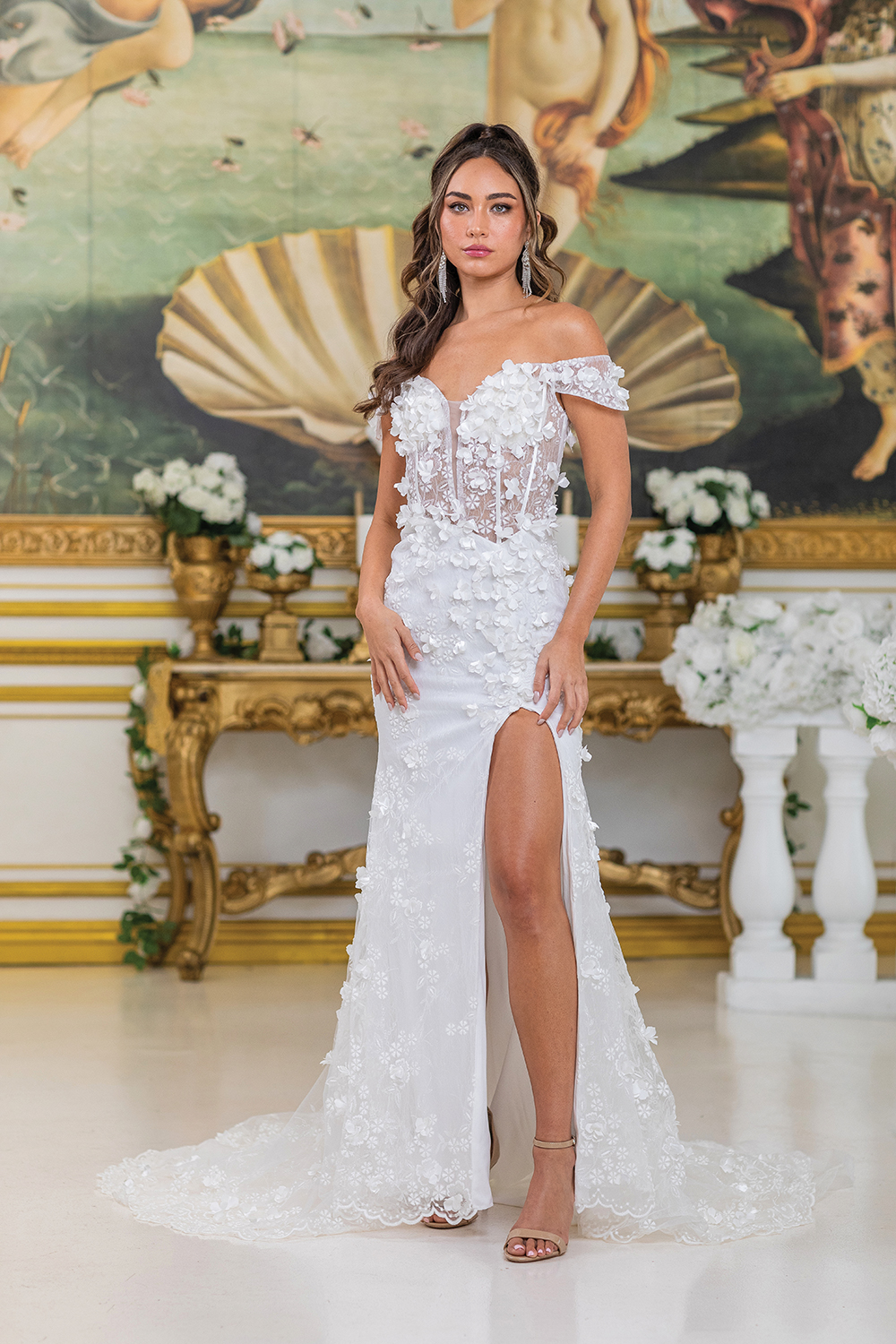Elegant Off-Shoulder Wedding Dress with High Slit - Style 0285