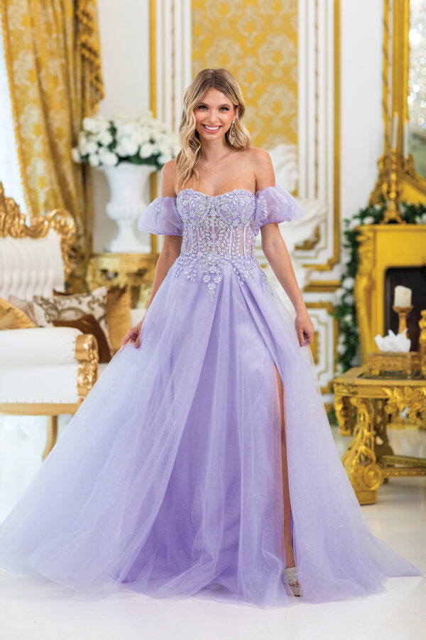 Off-the-Shoulder Puff Sleeve Floral Beaded A-Line Prom Dress with Slit
