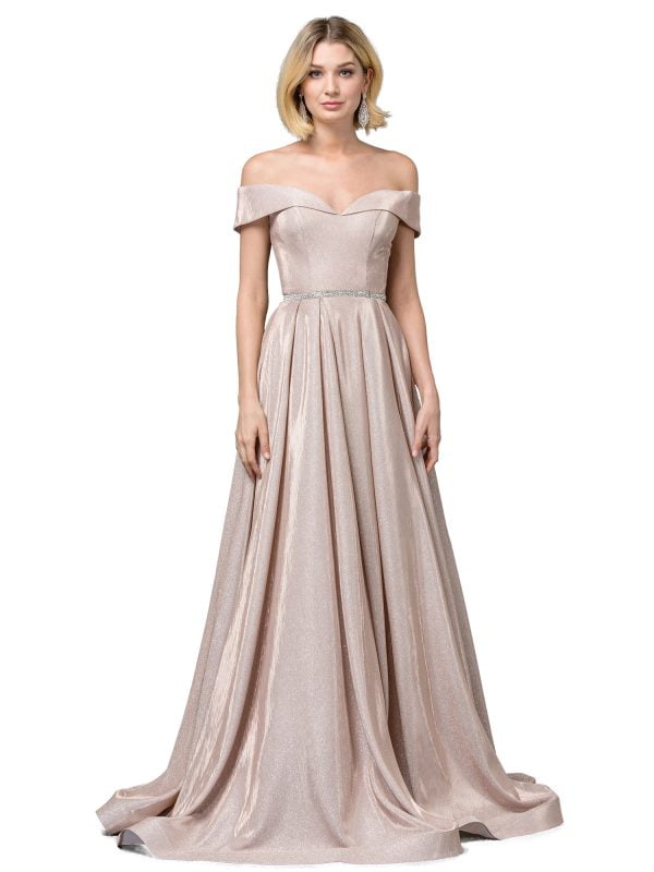 Off-The-Shoulder Sweetheart Shimmer A-Line Prom Dress with Beaded Waistband