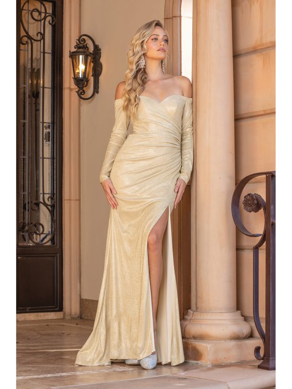 Off-the-Shoulder Long Sleeve Ruched Sheath Prom Dress with High Slit