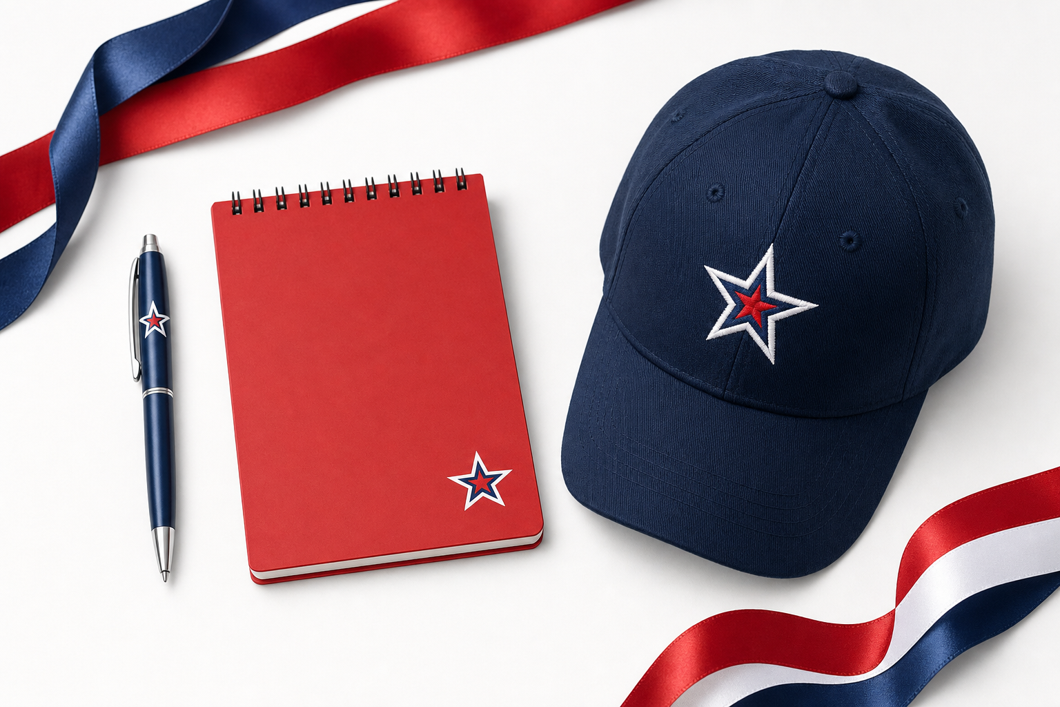 Branded pens, notepad, and cap in red white and blue