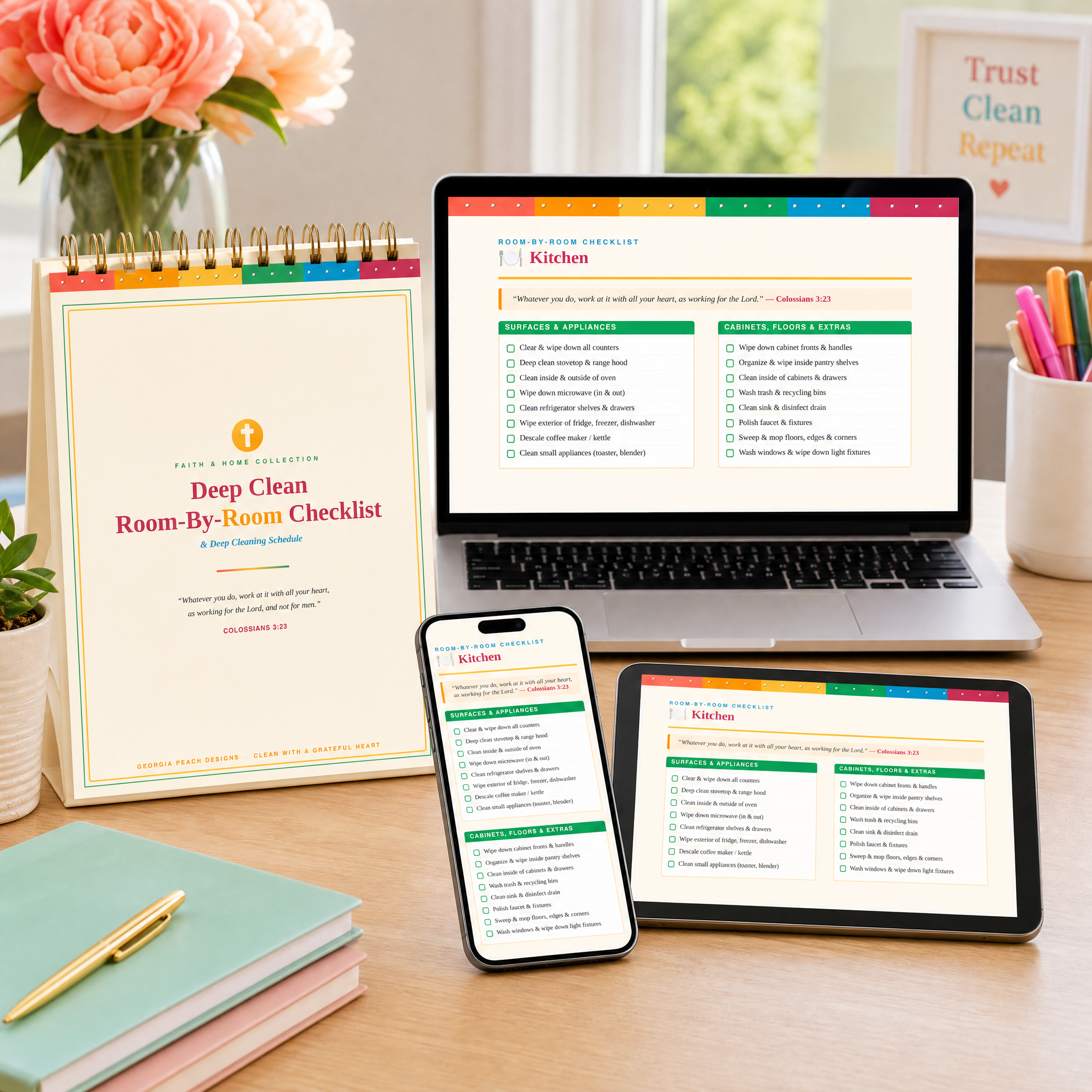 Deep Clean Checklist shown printed alongside a laptop, tablet, and phone displaying the digital pages