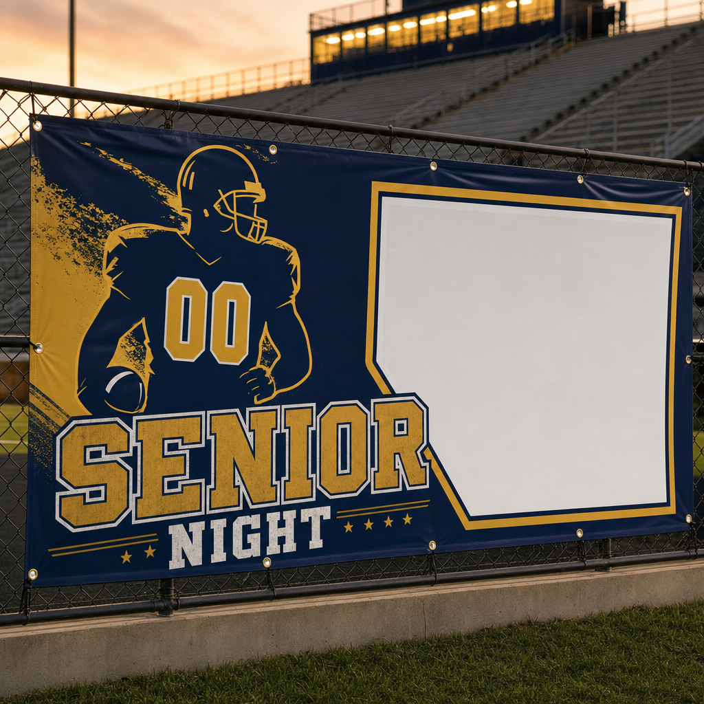 Custom senior night sports banner on a stadium fence
