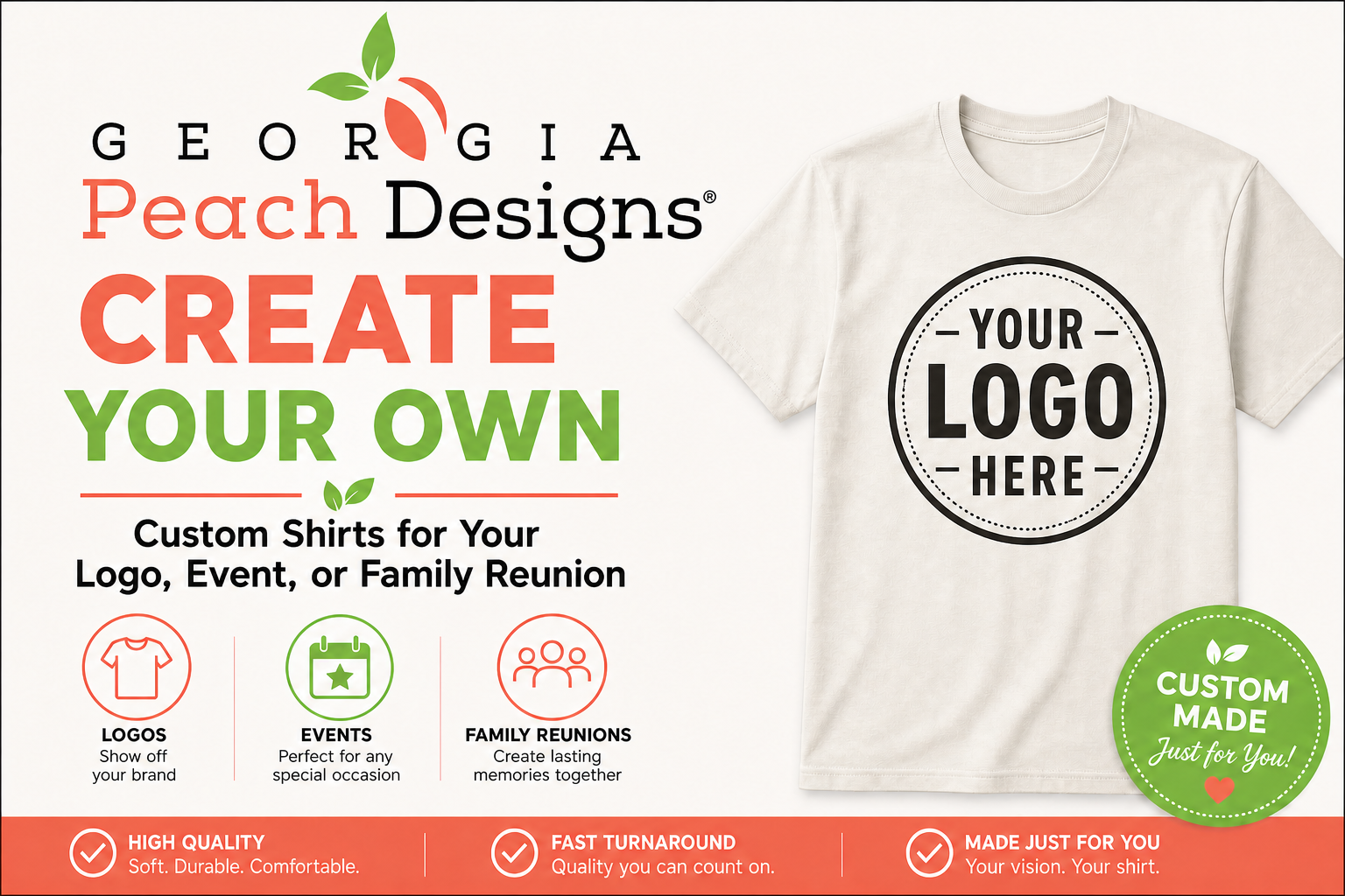 Custom t-shirt design mockup with Georgia Peach Designs logo