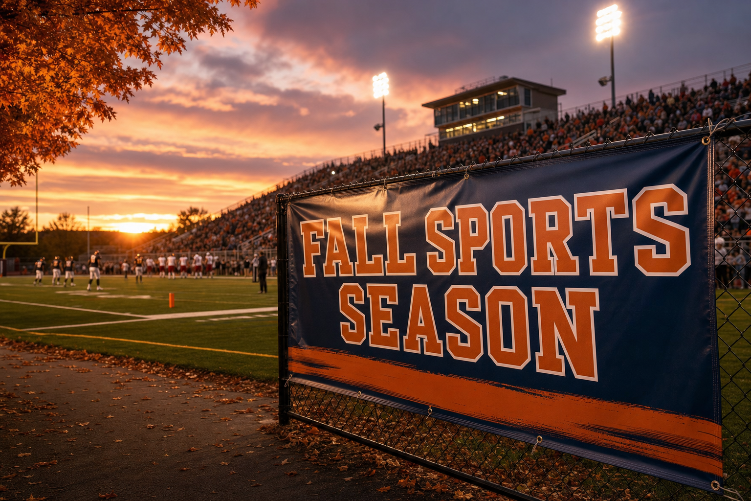 Fall school sports stadium at dusk with team banner