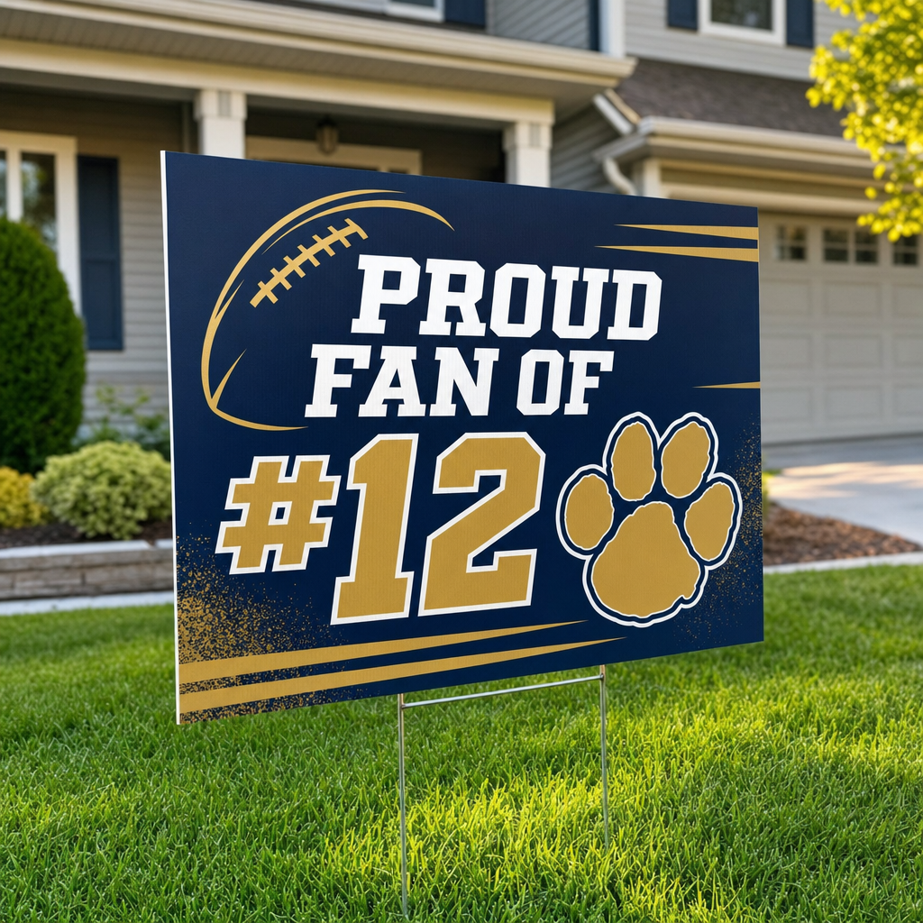 Custom yard sign for a school athlete in a front lawn