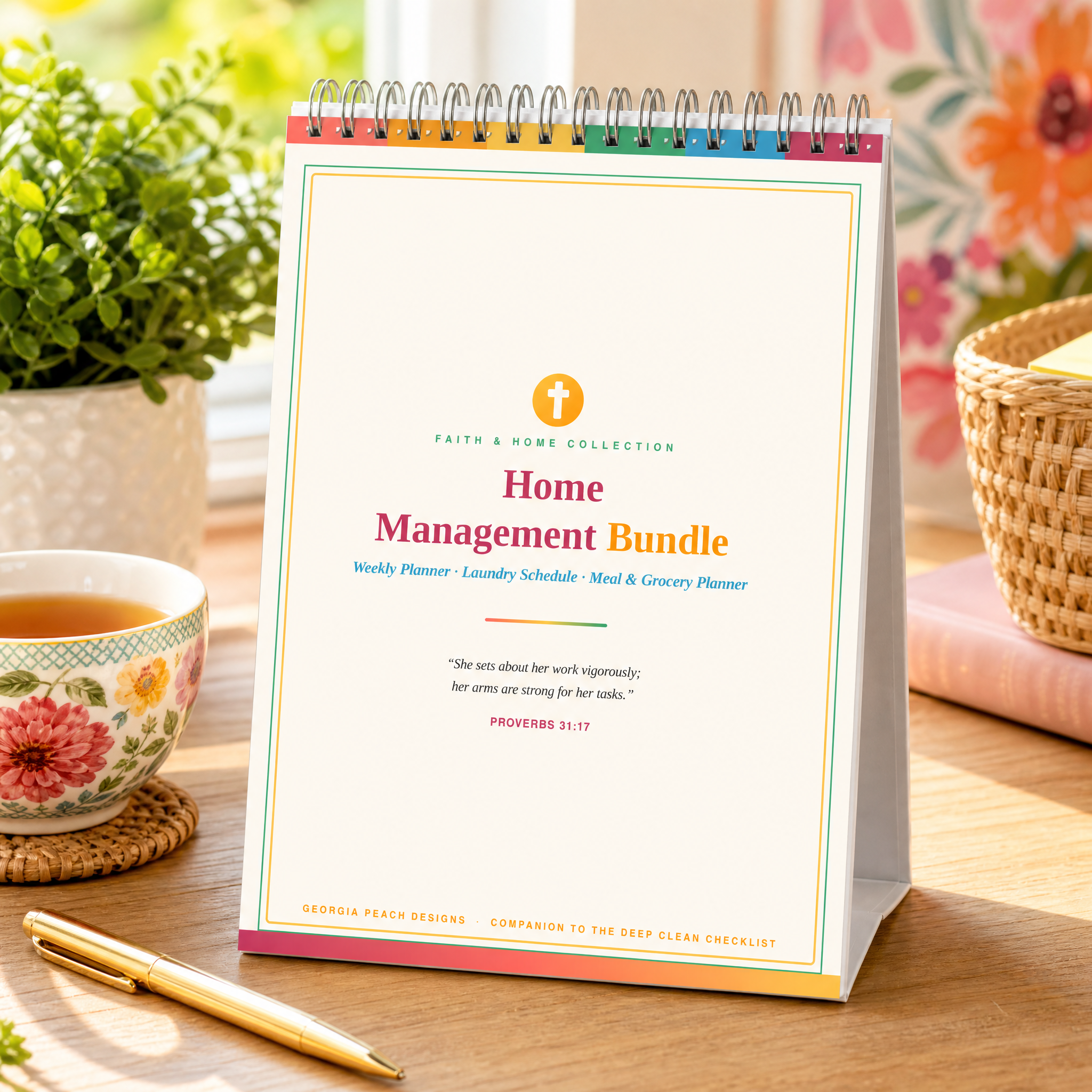 Home Management Bundle coil-bound planner styled with tea and a potted plant
