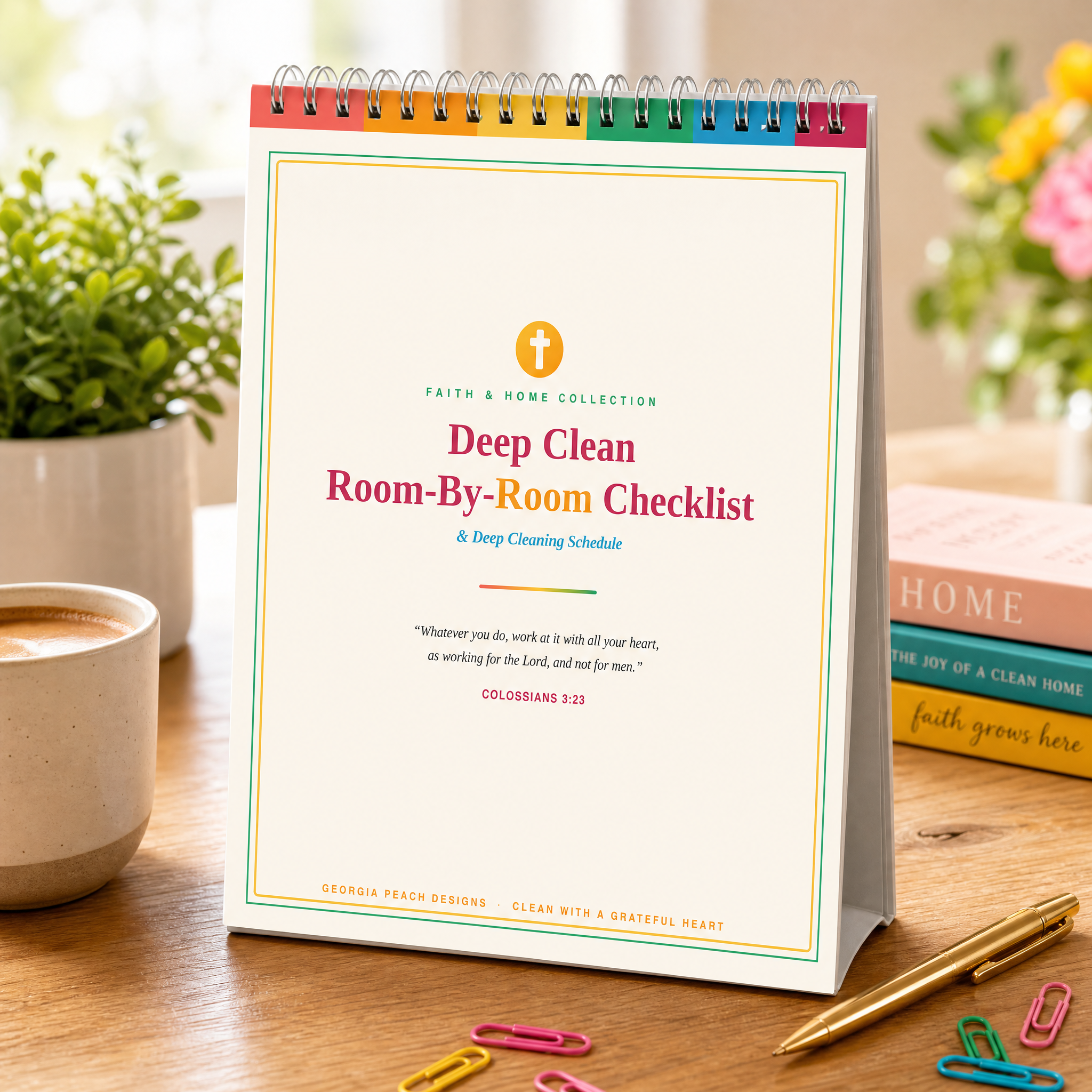 Coil-bound Deep Clean Room-By-Room Checklist planner styled on a desk with coffee and a gold pen