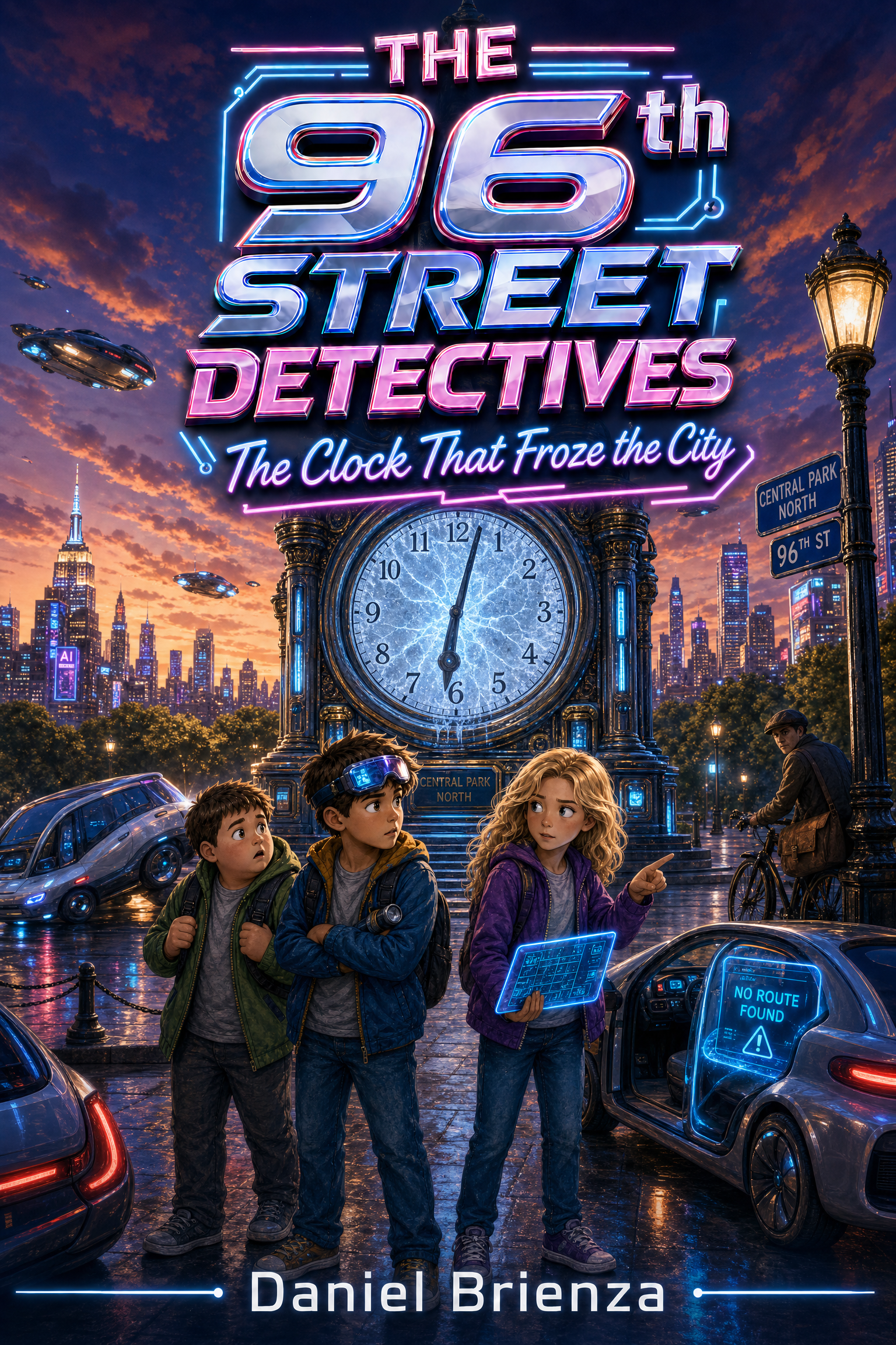 The detectives near a frozen clock tower, spotting a mysterious bicycle courier