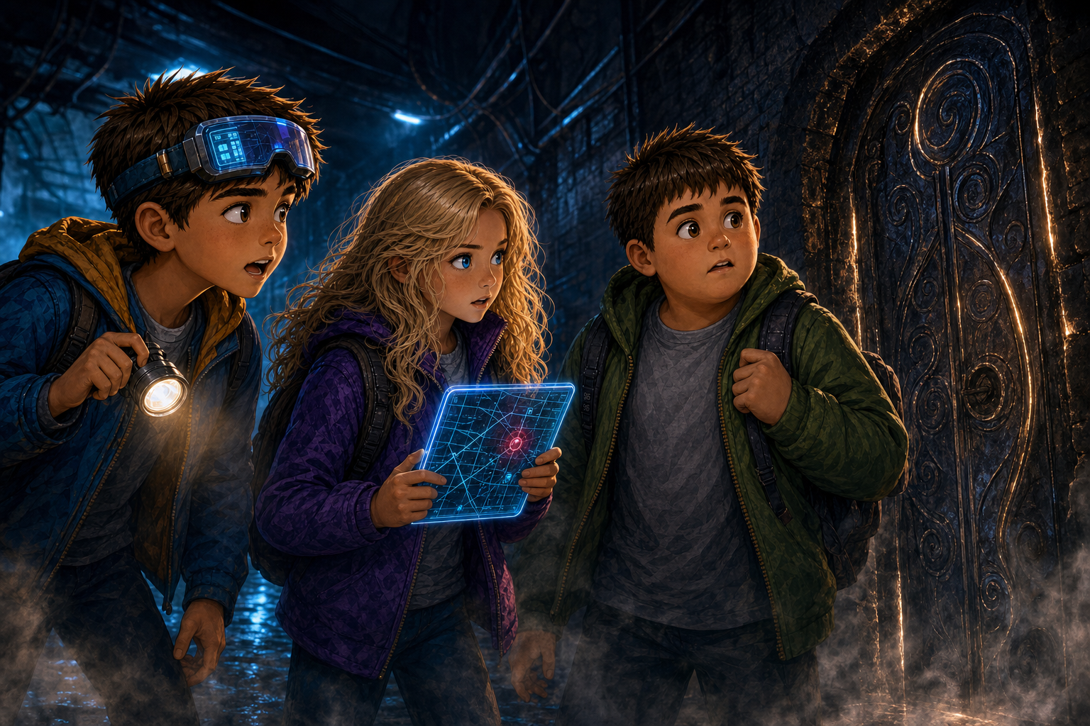 The detectives studying a holographic map beside an ornate hidden door