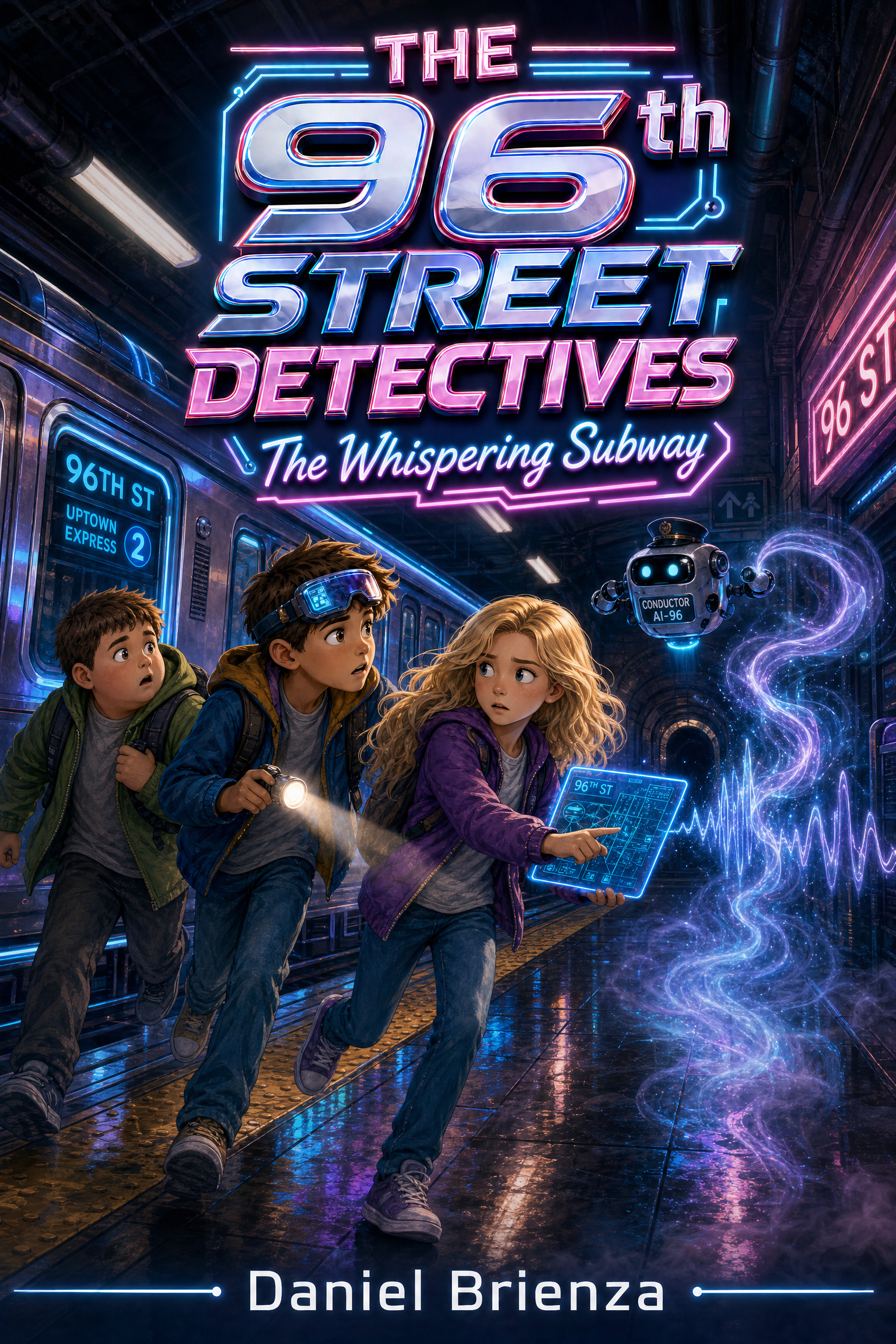 The detectives rushing along the subway platform toward a glowing phenomenon
