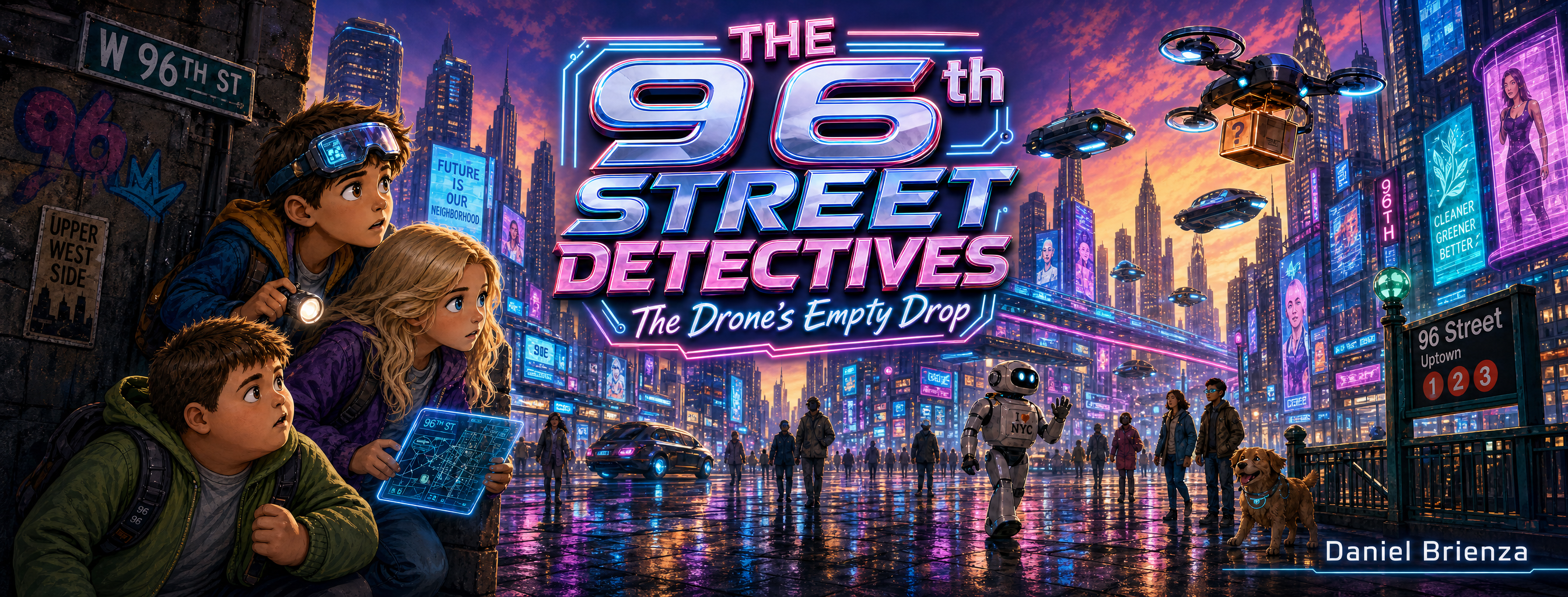 Wide neon cityscape banner for The 96th Street Detectives