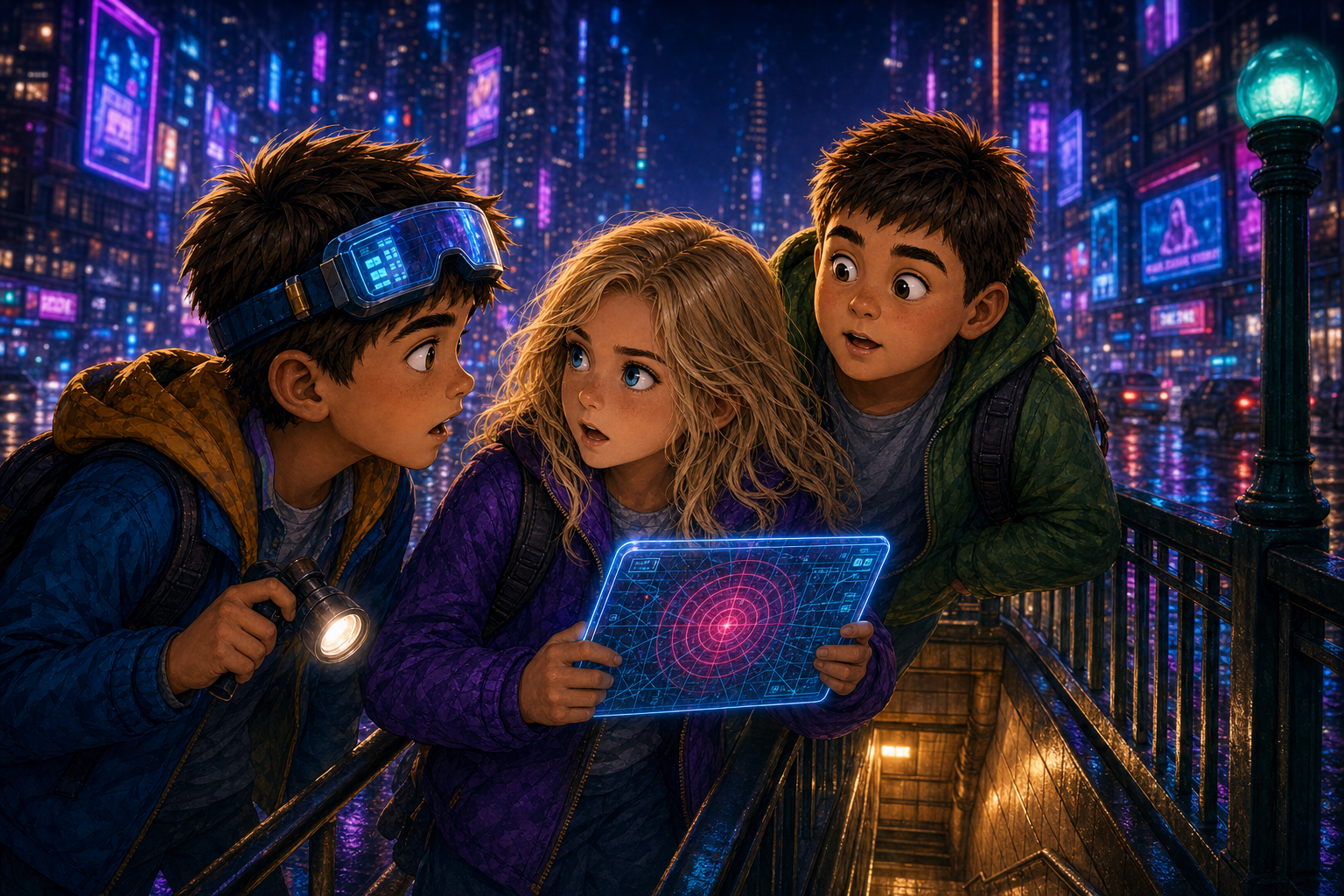 The detectives caught mid-conversation at a neon subway station, tablet flashing an urgent signal