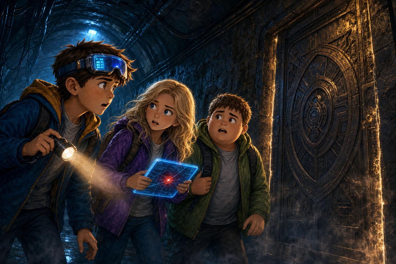 The detectives facing a strange glowing door in a foggy underground passage