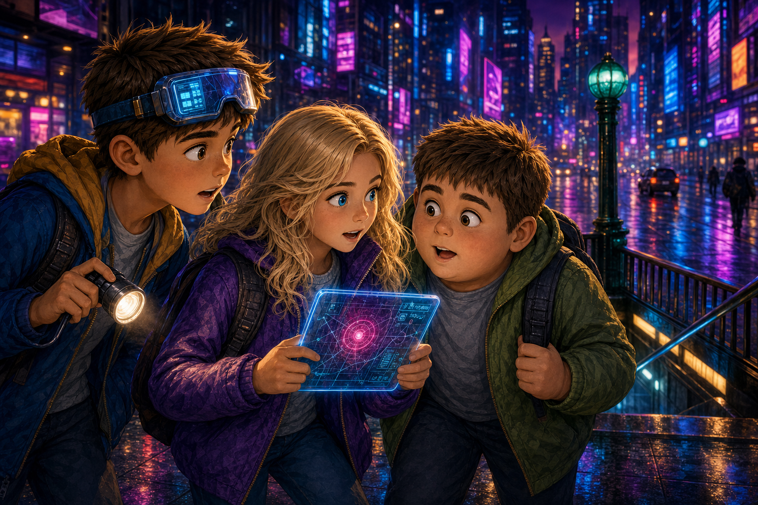 The detectives huddled at a glowing subway entrance on a rain-slicked neon street at night