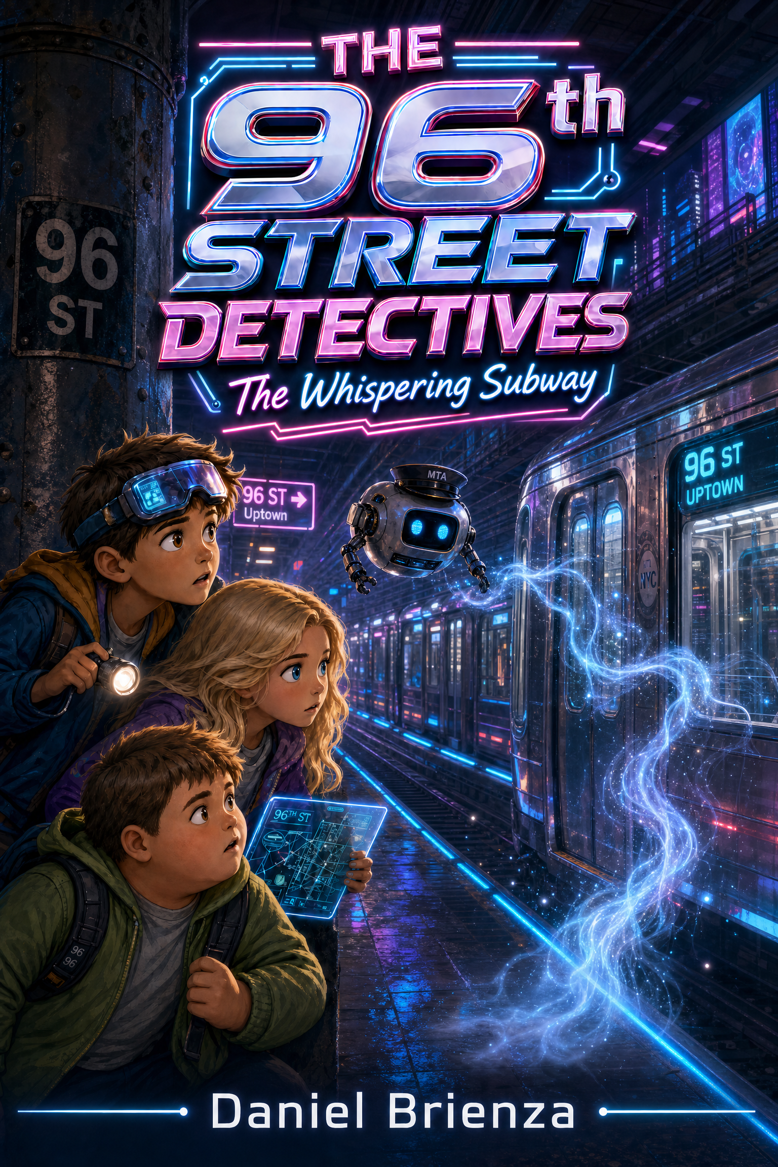The three detectives crouched near a pillar on a futuristic subway platform, tracking a ghostly whisper