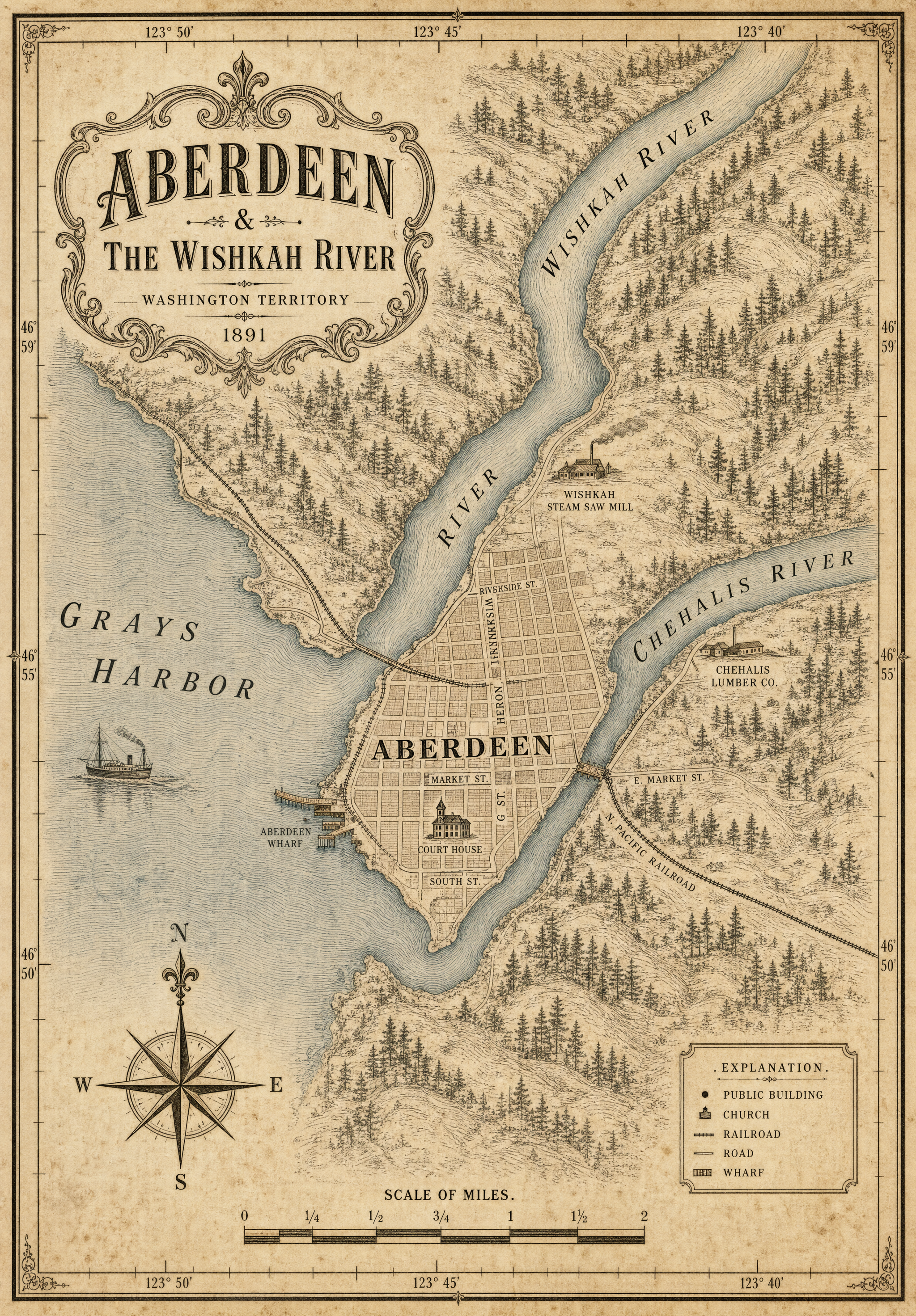 Vintage 1891-style survey map of Aberdeen, Washington showing the Wishkah River meeting the Chehalis River at Grays Harbor