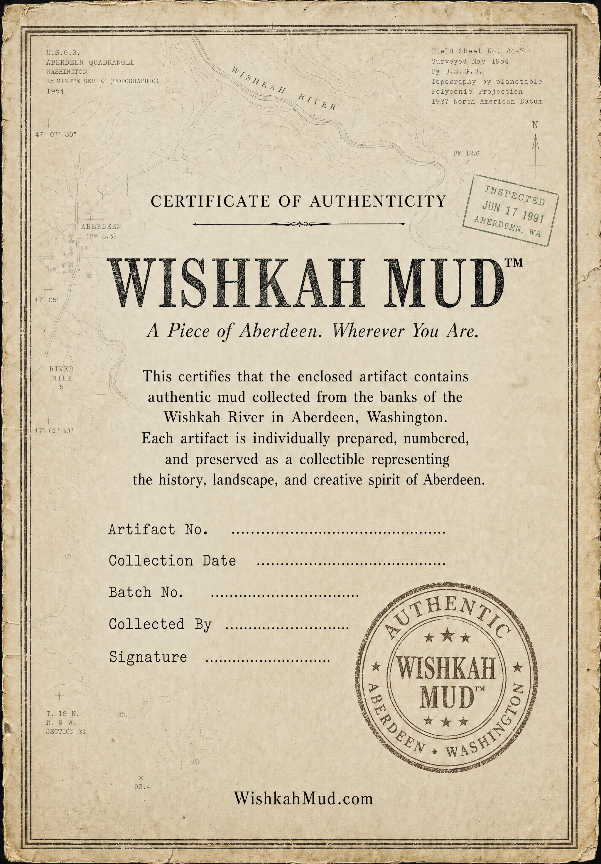 Wishkah Mud Certificate of Authenticity printed on cream parchment with typewriter fields and an embossed authentication seal