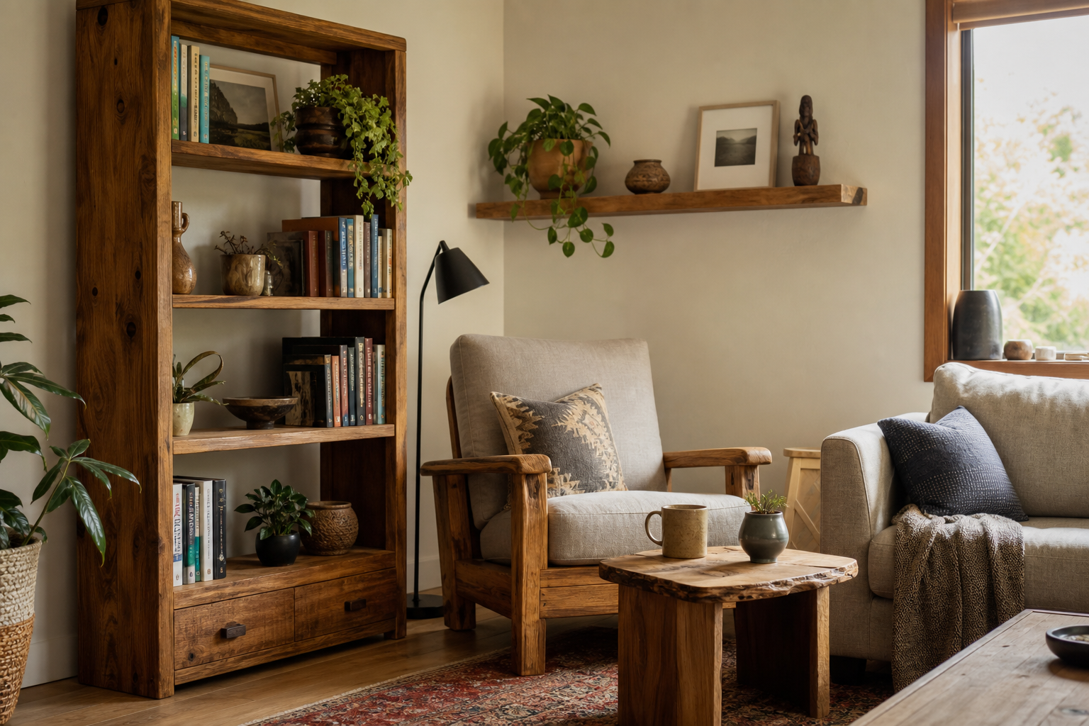 Living room styled with handmade wood furniture