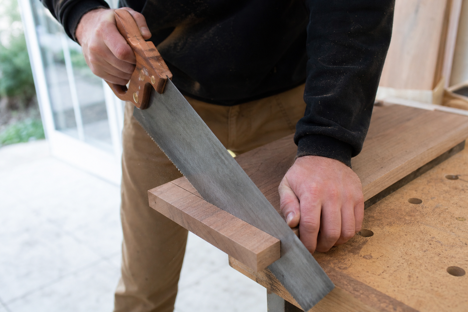 Beginner woodworker's hands cutting a hardwood board with a hand saw. Best Hardwoods for Beginners to Work With