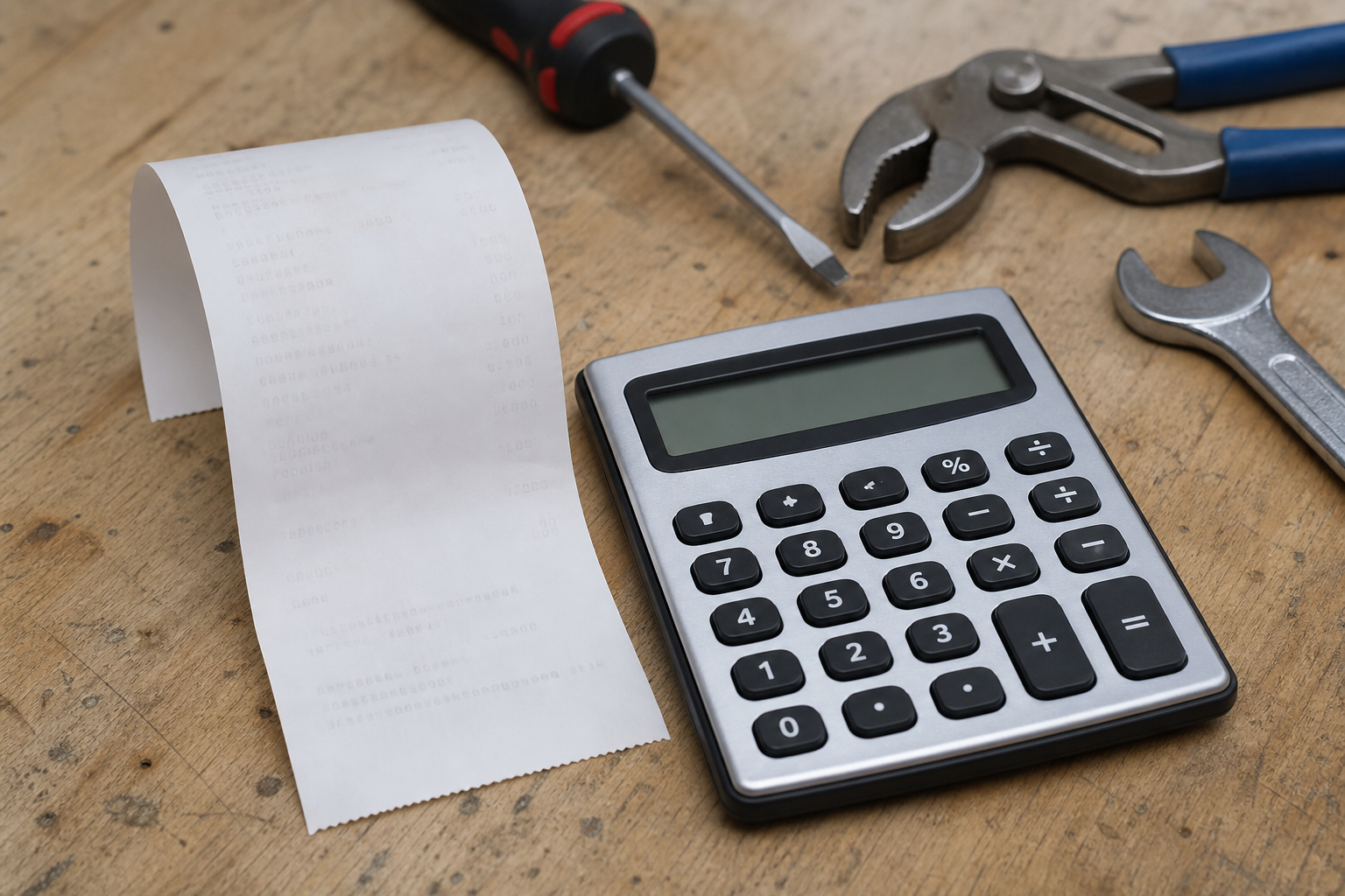 Receipt and calculator on a wood workbench beside a few basic tools