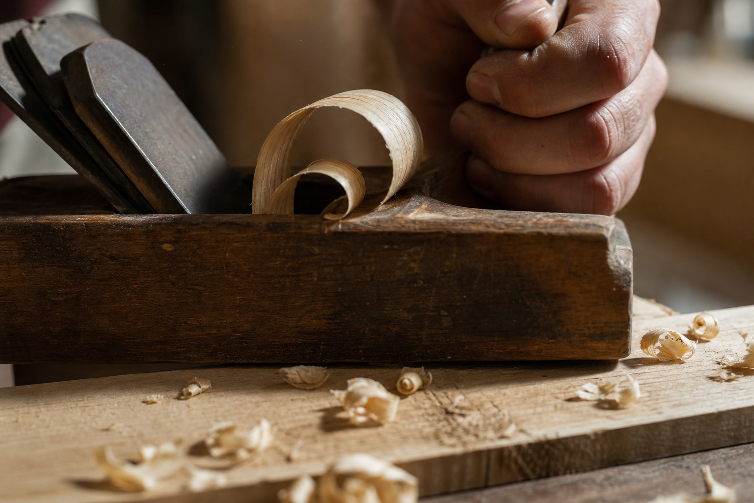 Hand plane shaving thin wood curls off a board