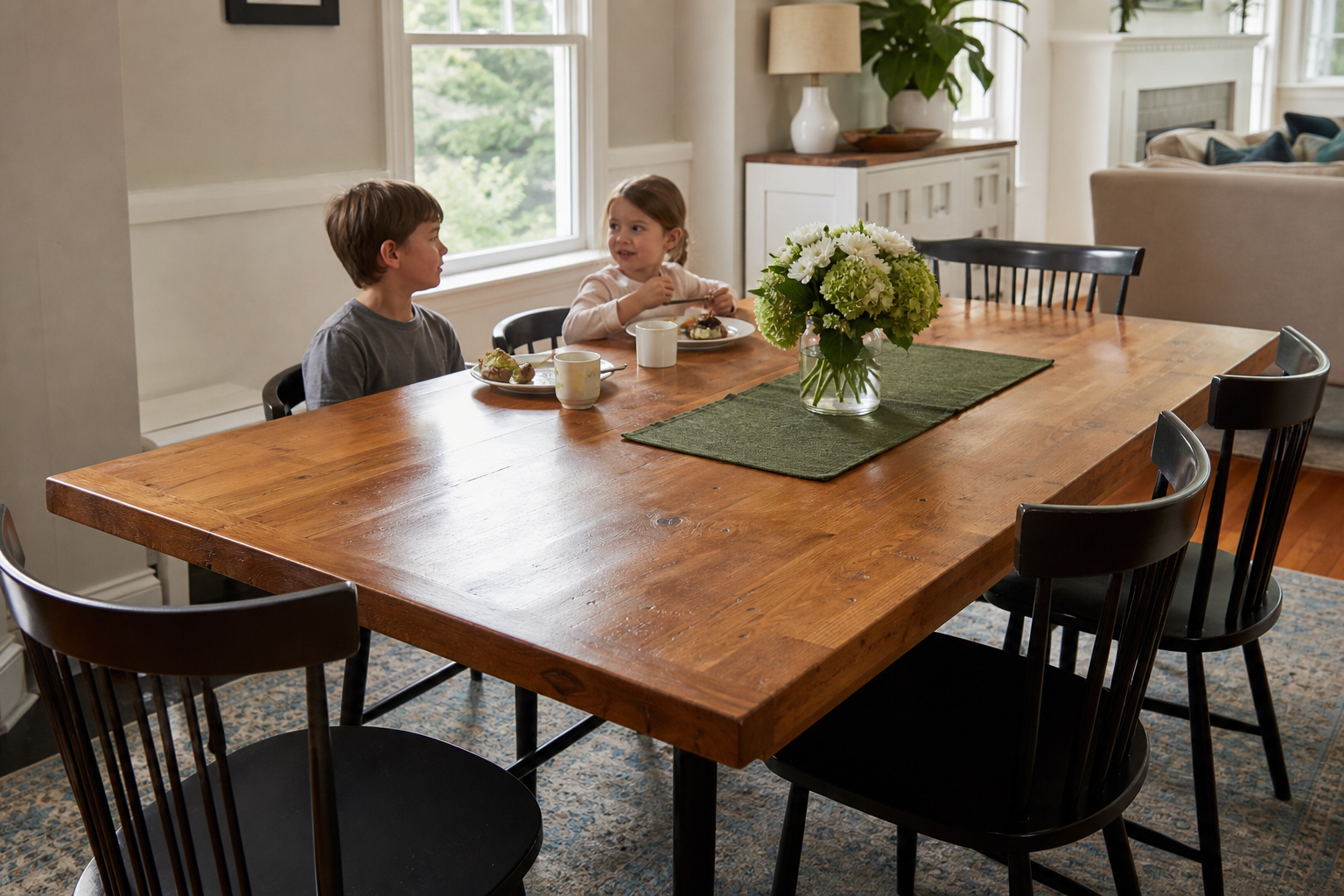 Sturdy finished wood dining table in daily use