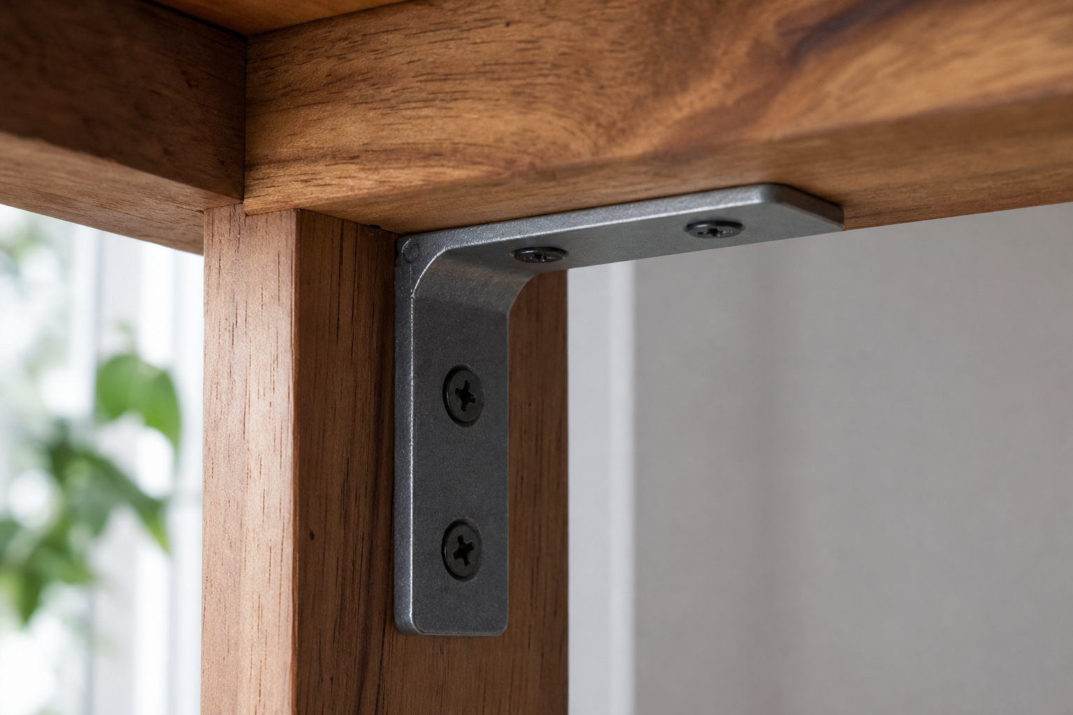 Wood corner brace hardware bracket installed under a table