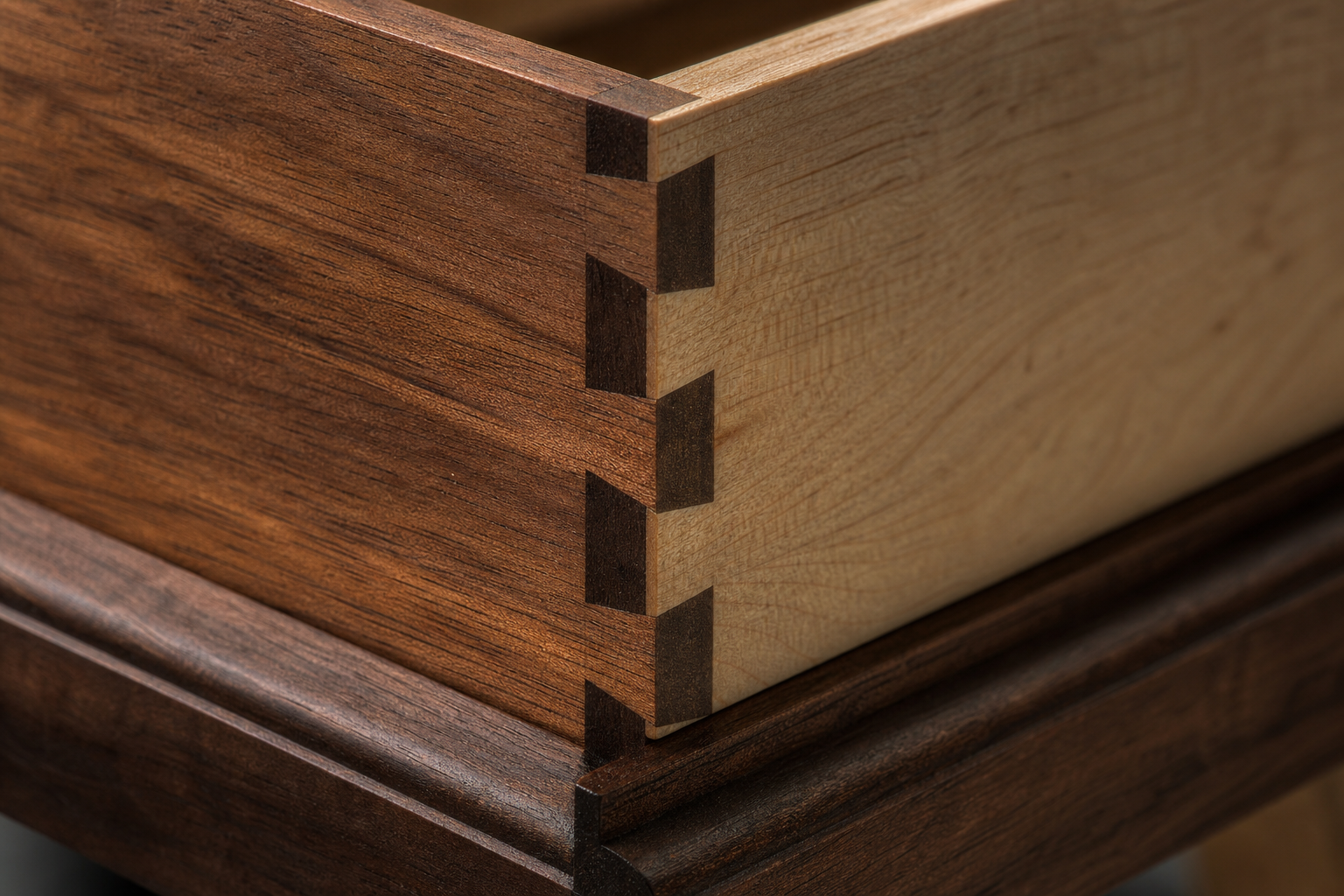 Macro close-up of a dovetail wood joint
